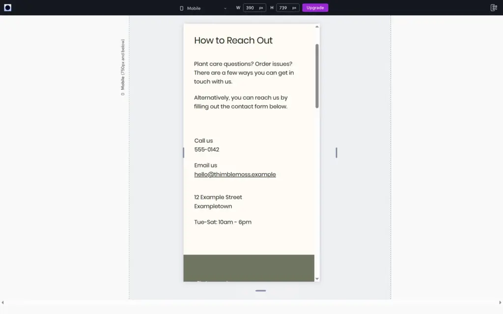 Responsive AI result for the contact section at phone width