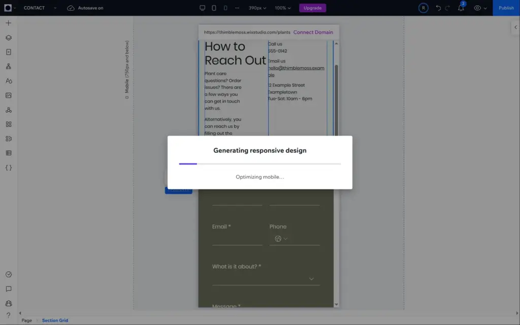 Responsive AI generating a design for the contact section