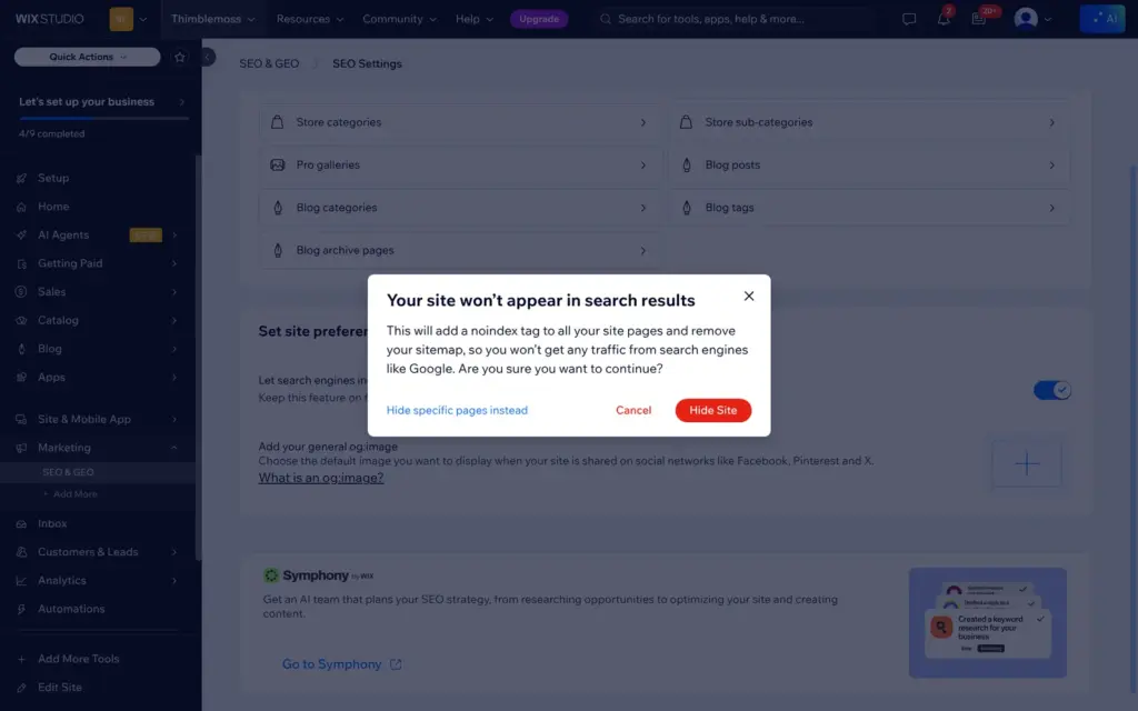Warning that the site will not appear in search results