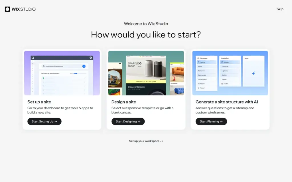 Wix Studio first screen asking how to start: set up a site, design a site or generate a site structure with AI