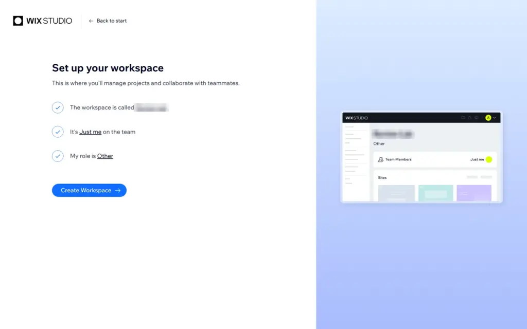 Workspace setup asking for a name, team size and role