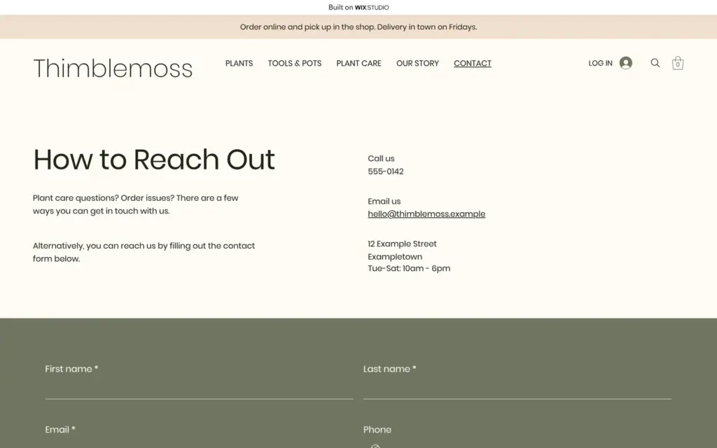 Contact page with placeholder phone number, email and address above a form
