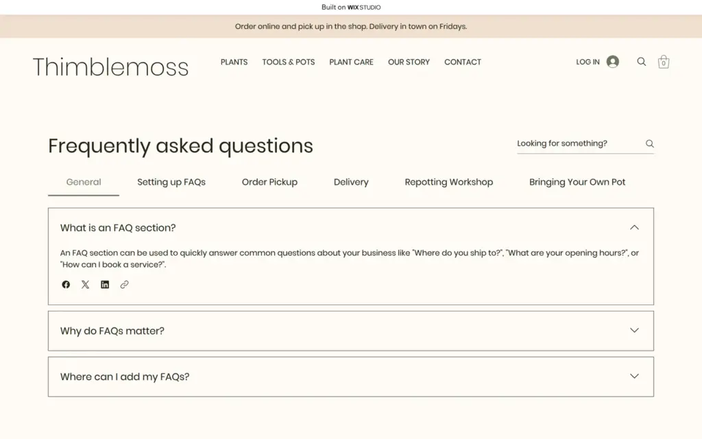 FAQ page with tabs and questions