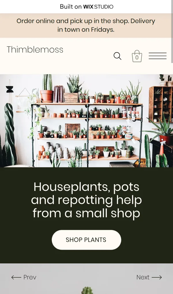 Home page of the plant shop on a phone