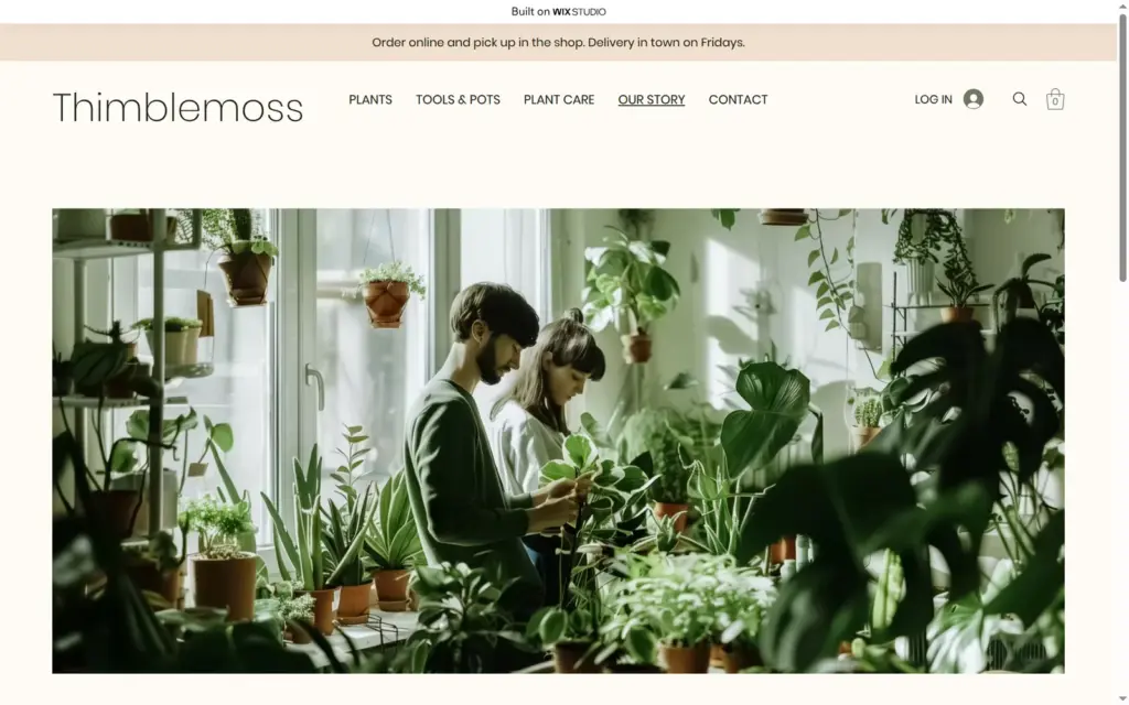 About page of the plant shop with a photo of two people among plants