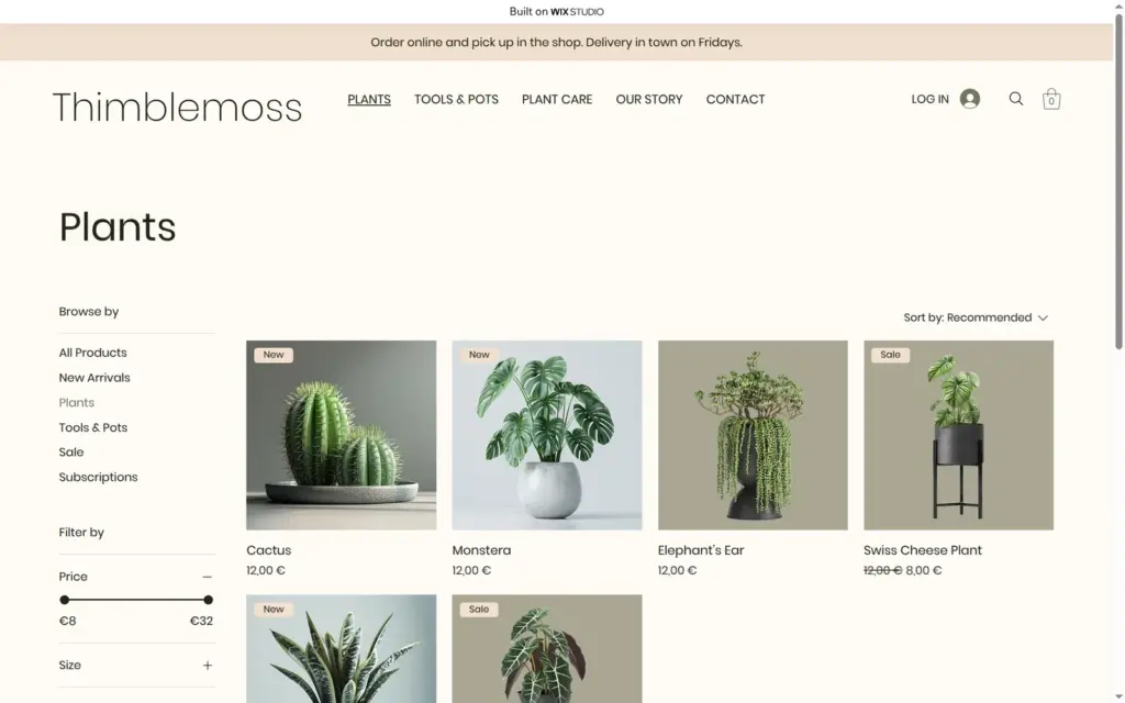 Shop page with plants, categories and filters on a computer