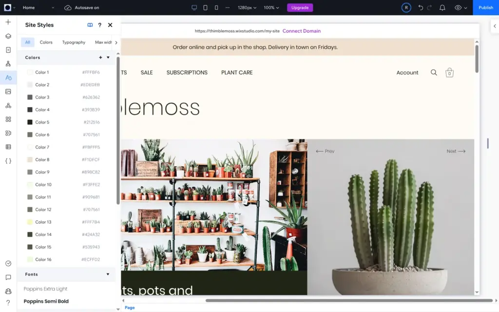 Site Styles panel with 16 theme colors