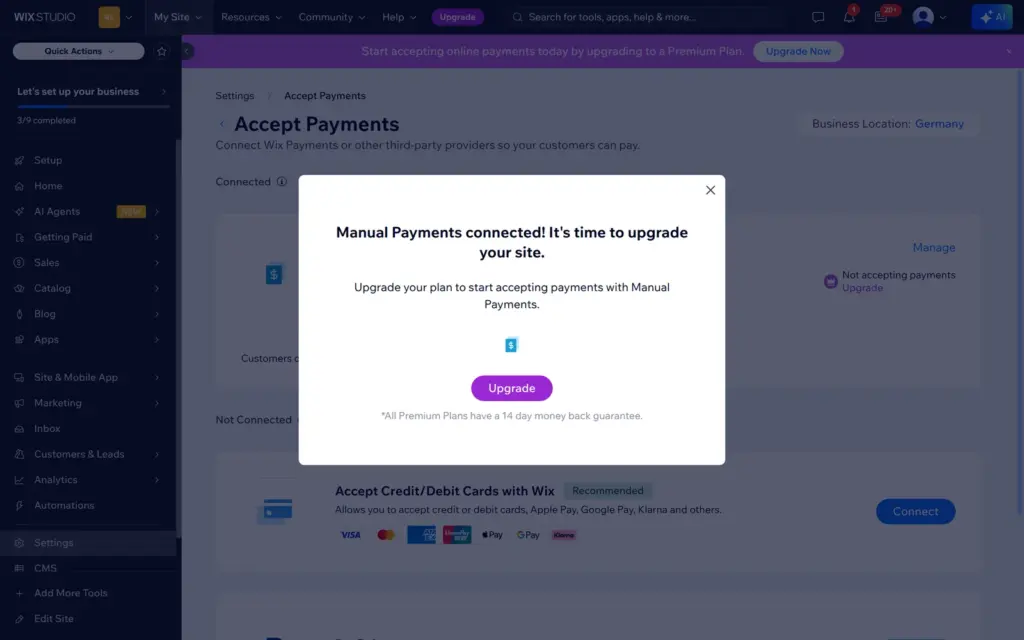Message that manual payments are connected but the site needs an upgrade