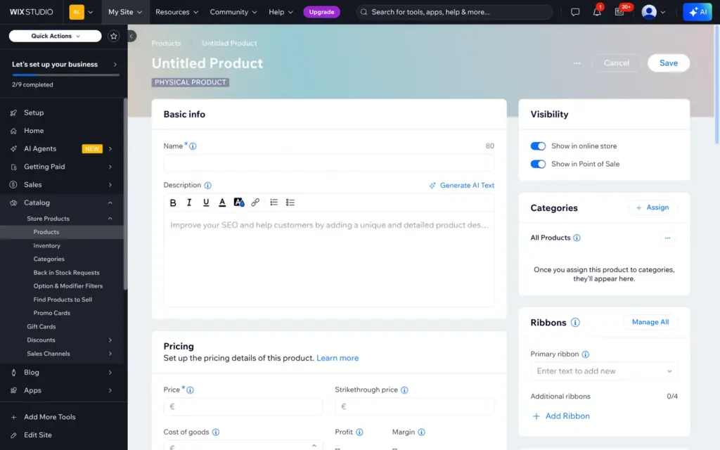 New product form in the Wix Stores dashboard