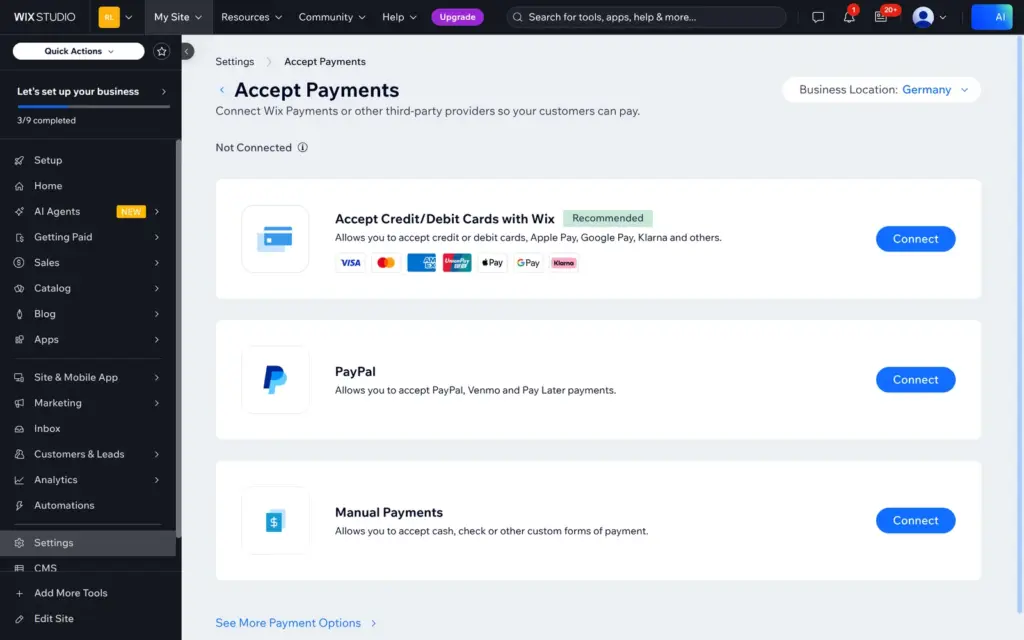 Payment options: Wix card payments, PayPal and manual payments