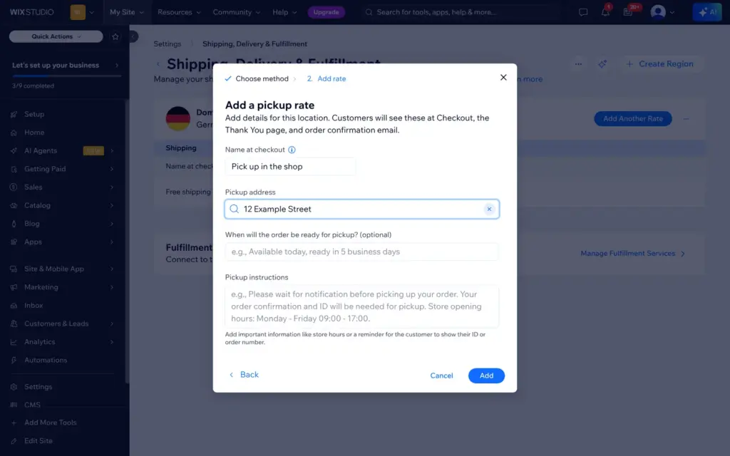 Pickup rate form with an address search field