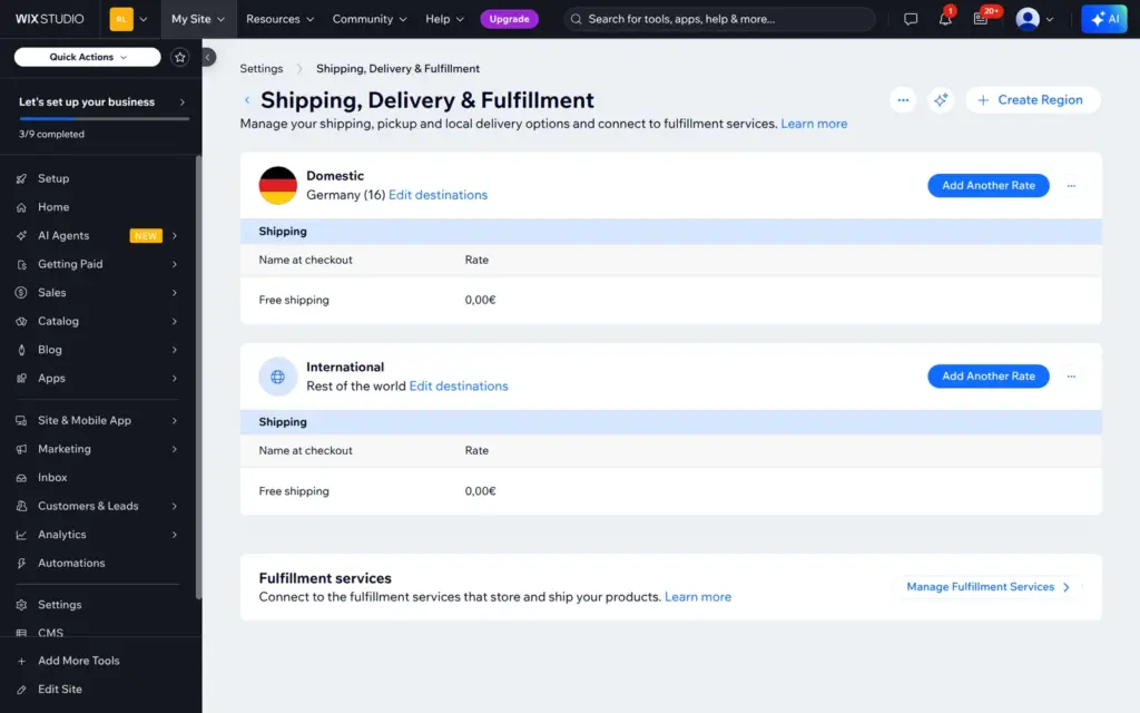 Shipping settings with free shipping to Germany and the rest of the world