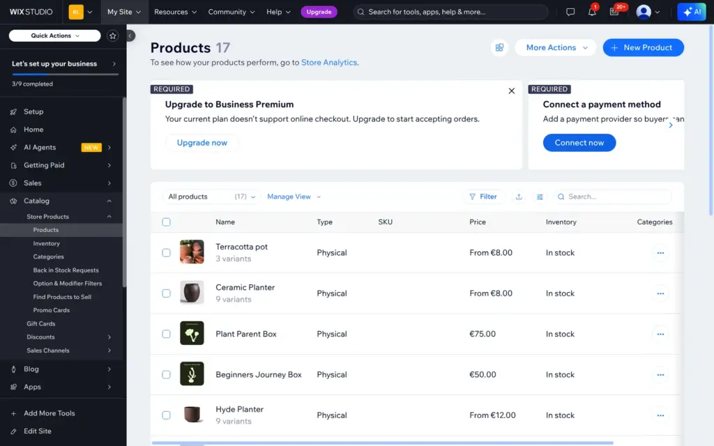 Product list with banners asking to upgrade and connect a payment method