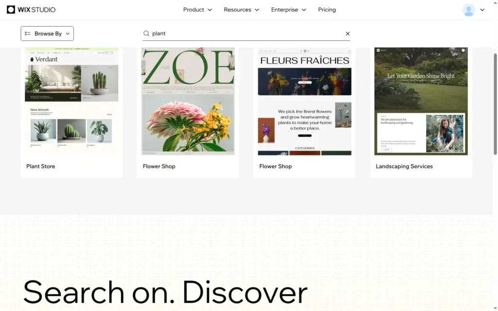 Wix Studio template search for plant showing Plant Store, flower shops and landscaping