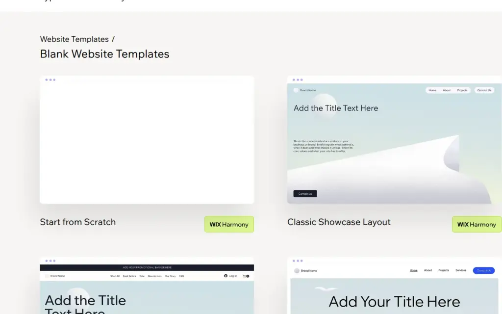 Blank Wix templates, an empty page and simple layouts