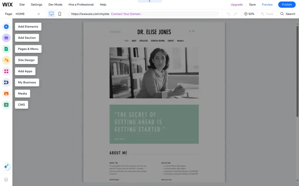 Older Wix therapist template opened in the classic Wix Editor