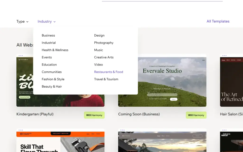 Wix template gallery with the Industry menu open
