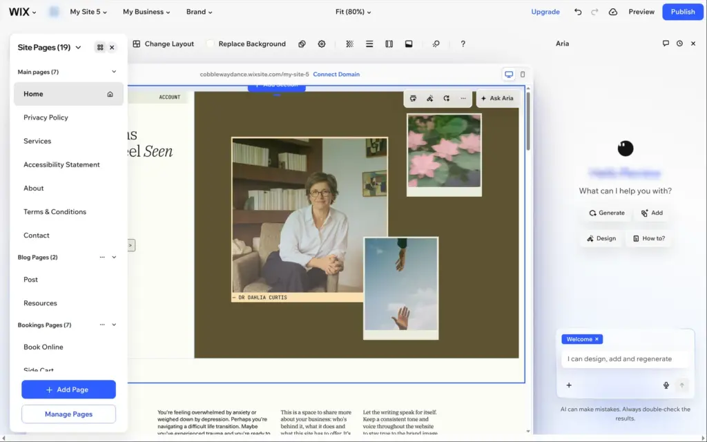 Wix therapist template opened in the Wix Harmony editor with its 19 pages
