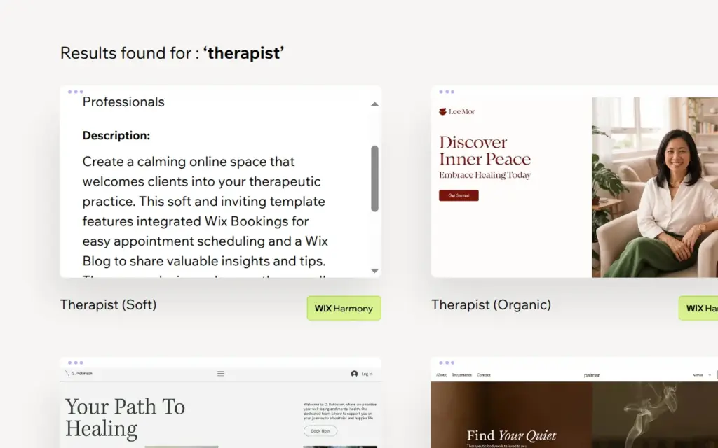 Info panel of the Wix template Therapist (Soft) with the businesses it is for and its apps