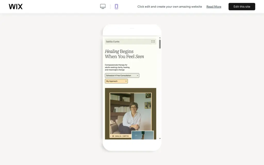 Phone preview of the Wix template Therapist (Soft)