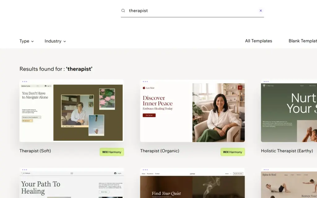 Wix template gallery search results for therapist
